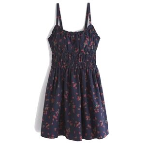 Abercrombie & Fitch Bra-Free Smocked Waist Mini Dress Navy Blue Strawberry Print